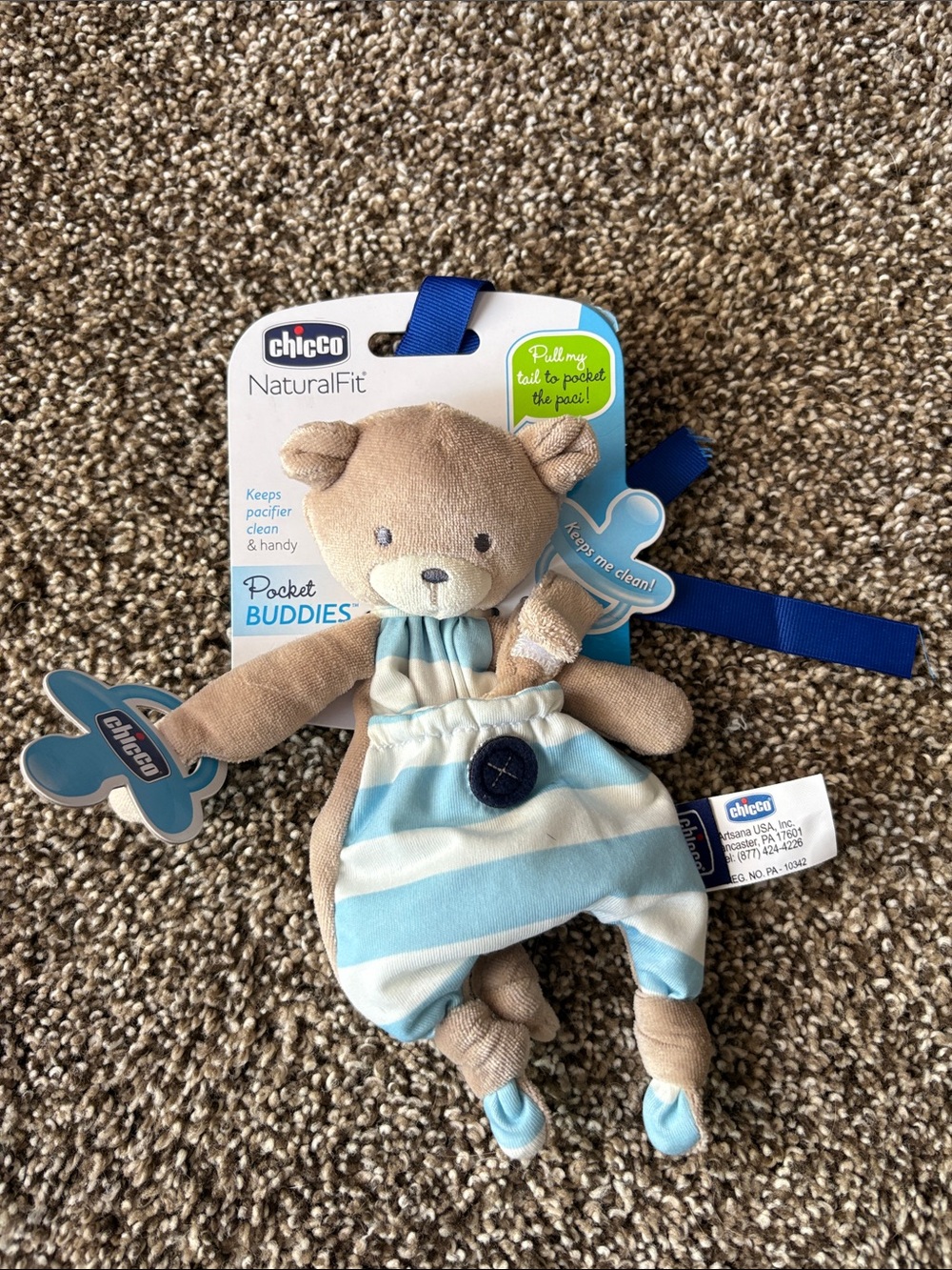 Chicco NaturalFit Blue Striped Pocket Buddies Plush Bear